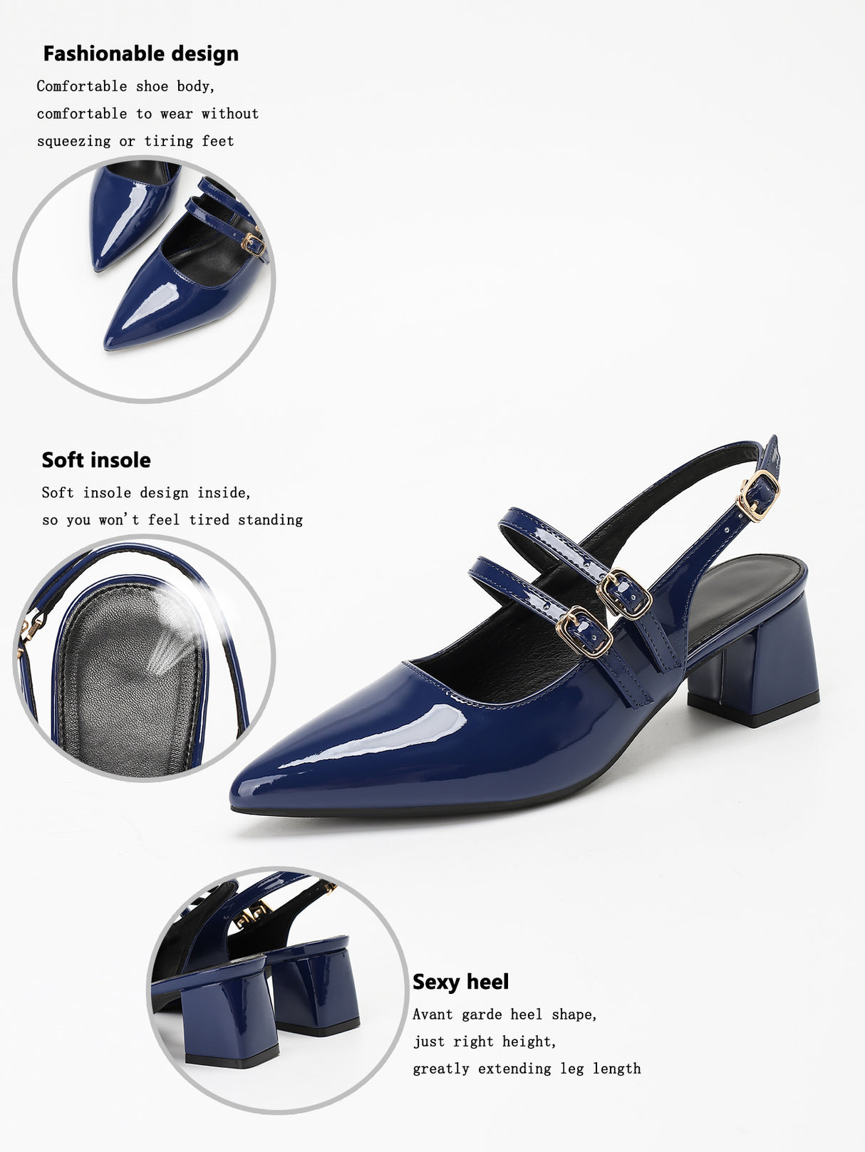 Metal Buckle Pointed Toe Open Back Chunky Heel Mary Jane Shoes