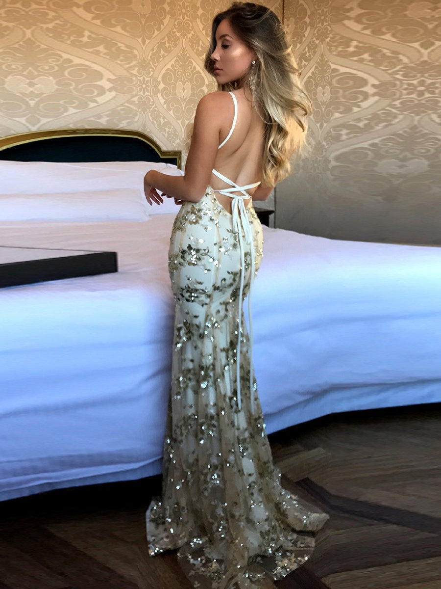 Sequined Mesh Slim-fitting Long Dress With A Train And Sexy Backless Design