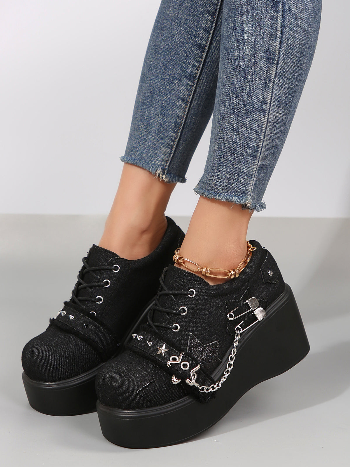 Denim Studded Wedge Platform Shoes