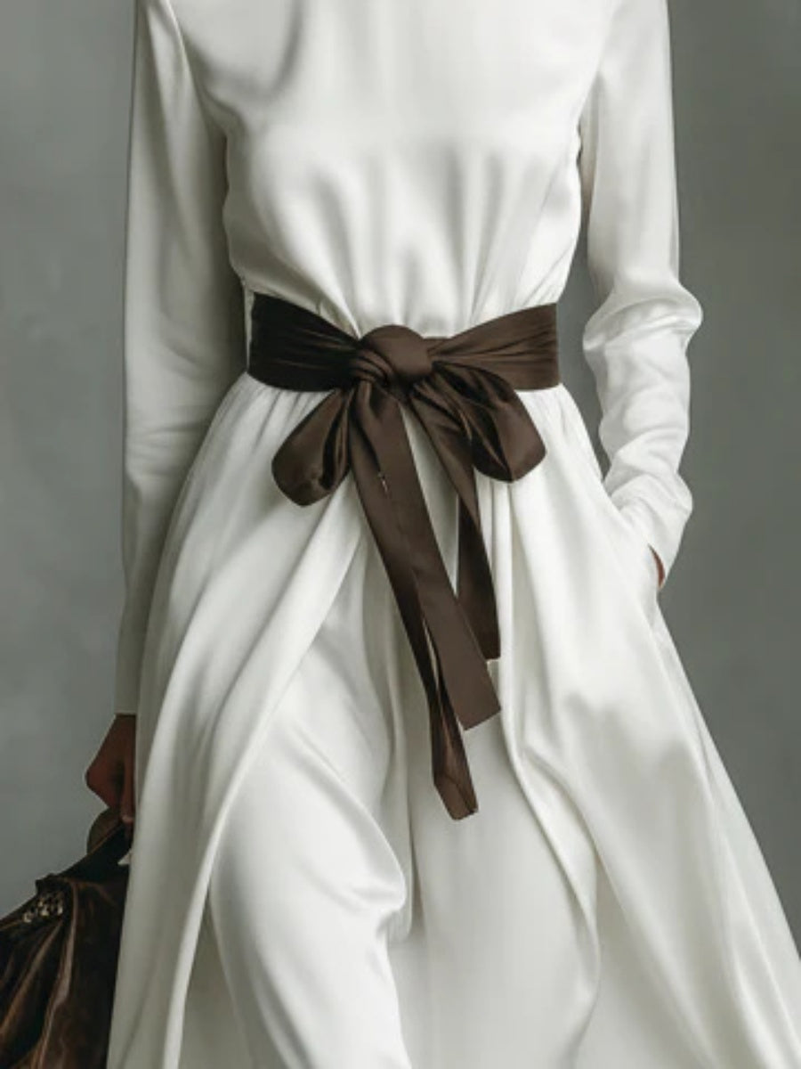 High-neck Long-sleeved Dress With Contrasting Belt