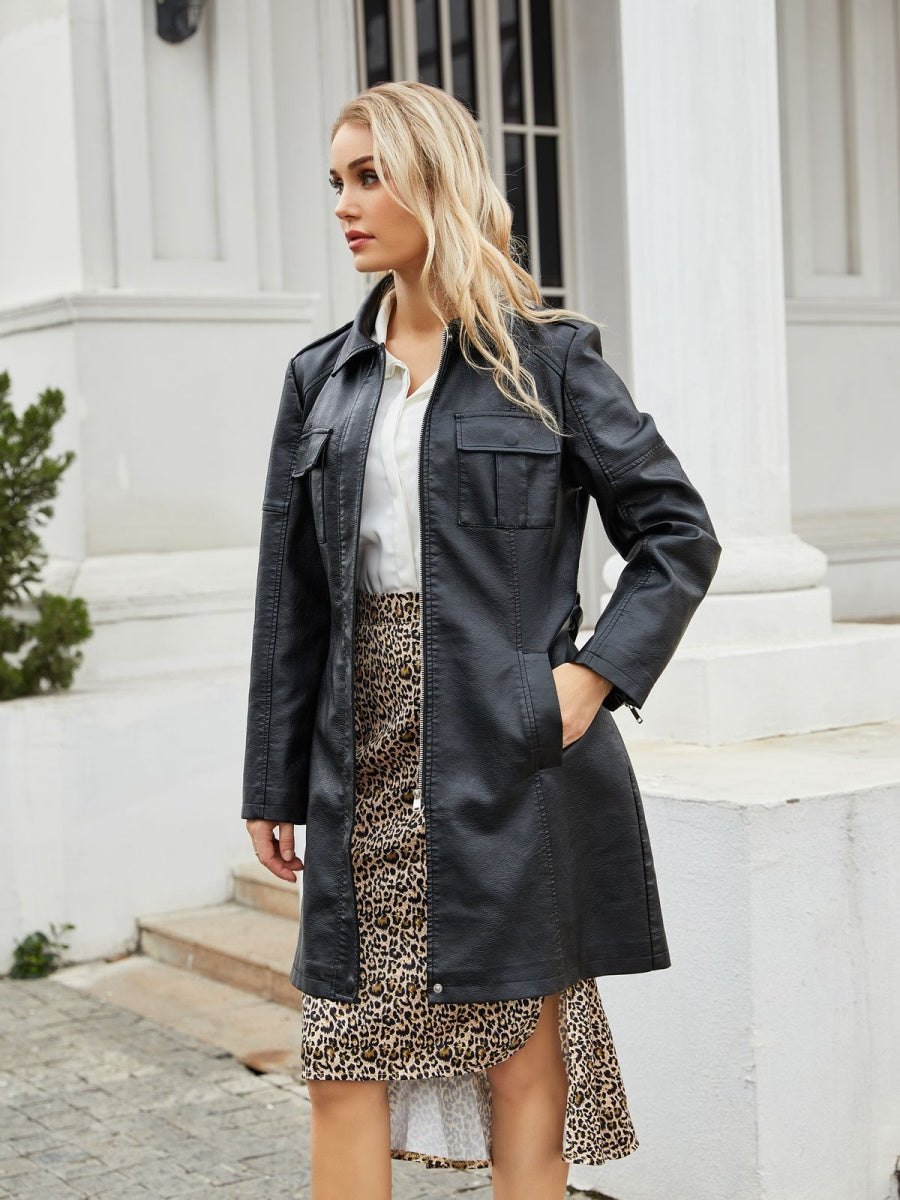 Slim Fit Mid-length Pocket With Belt Leather Jacket