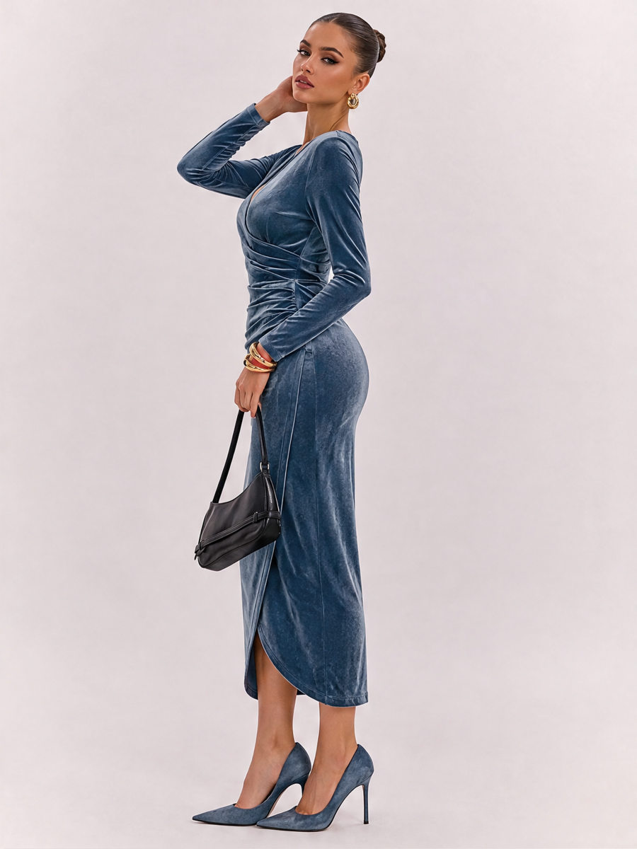 Goose Down V-neck Dress, Slim Fit, Pleated Patchwork, Irregular Skirt, Elegant Long Dress