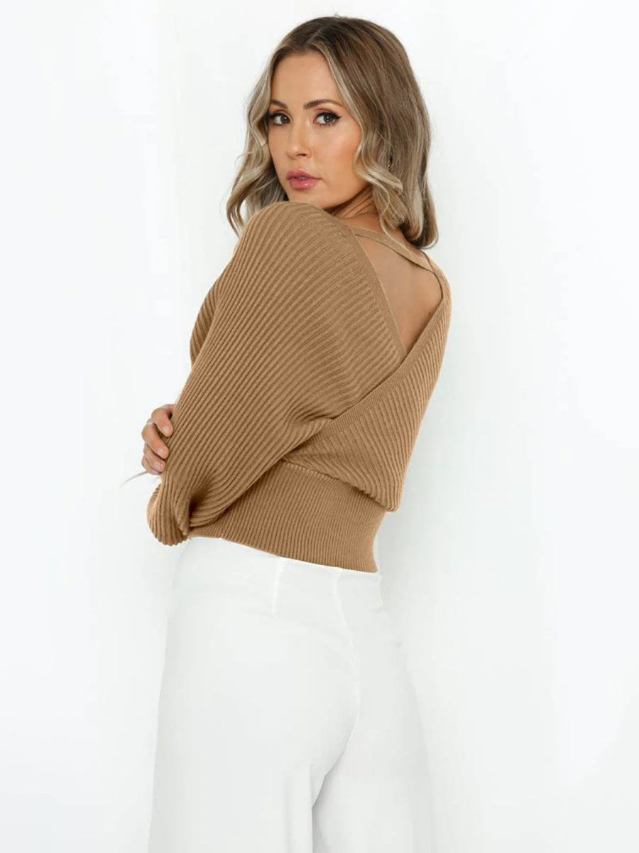 Liber Autumn women's clothing cross design Plain stitch V-neck solid color pullover long-sleeved sweater