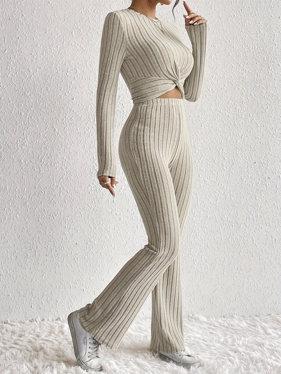 Small Round Neck Long Sleeves Tie Solid Color 2-piece Sets