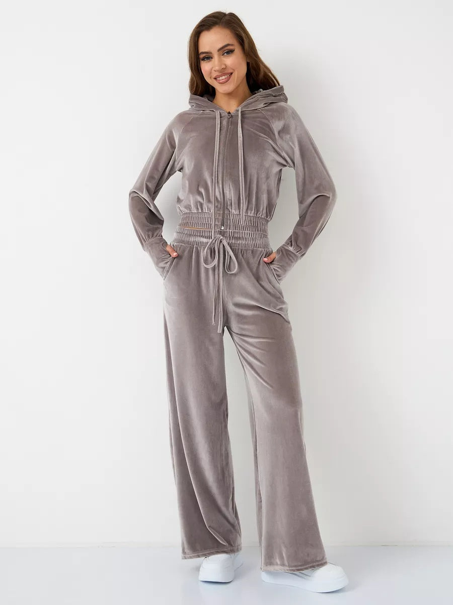 Velvet Zipper Cardigan, Silver Fox Fleece Sweatshirt, Lace-Up Pants 2-piece Sets