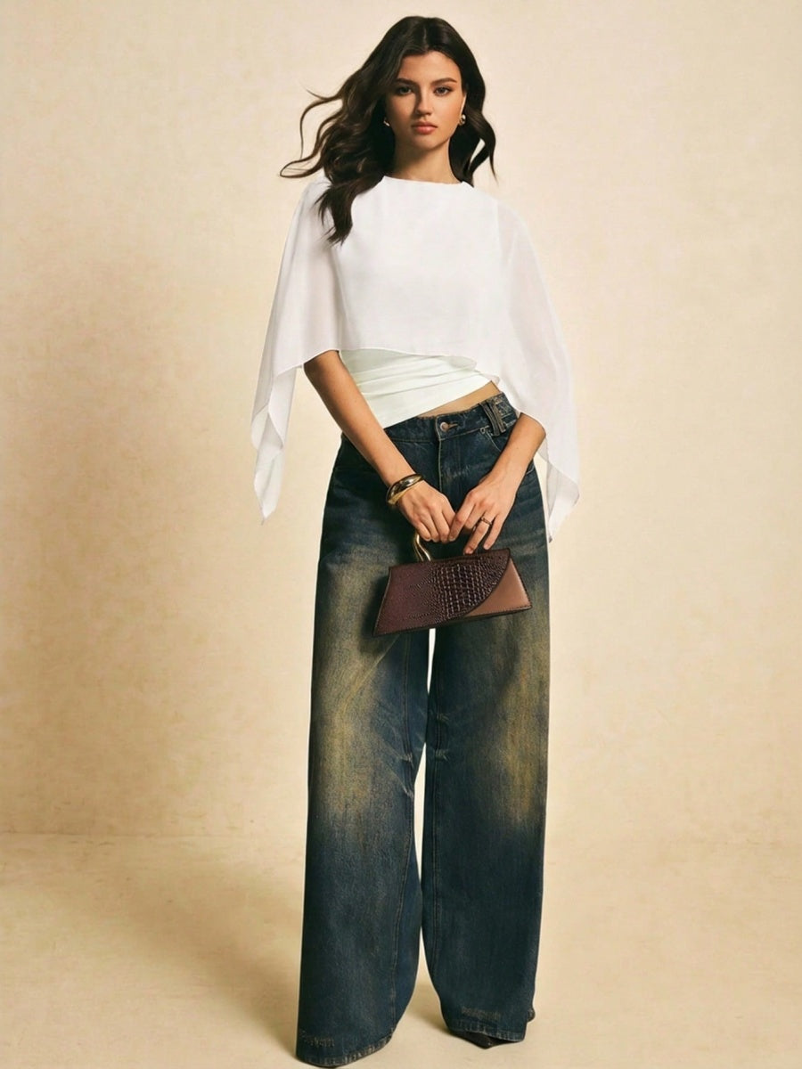 Cape-sleeve T-shirt, Round Neck, Loose Chiffon Cover-up, Elegant Irregular Top/T-shirt