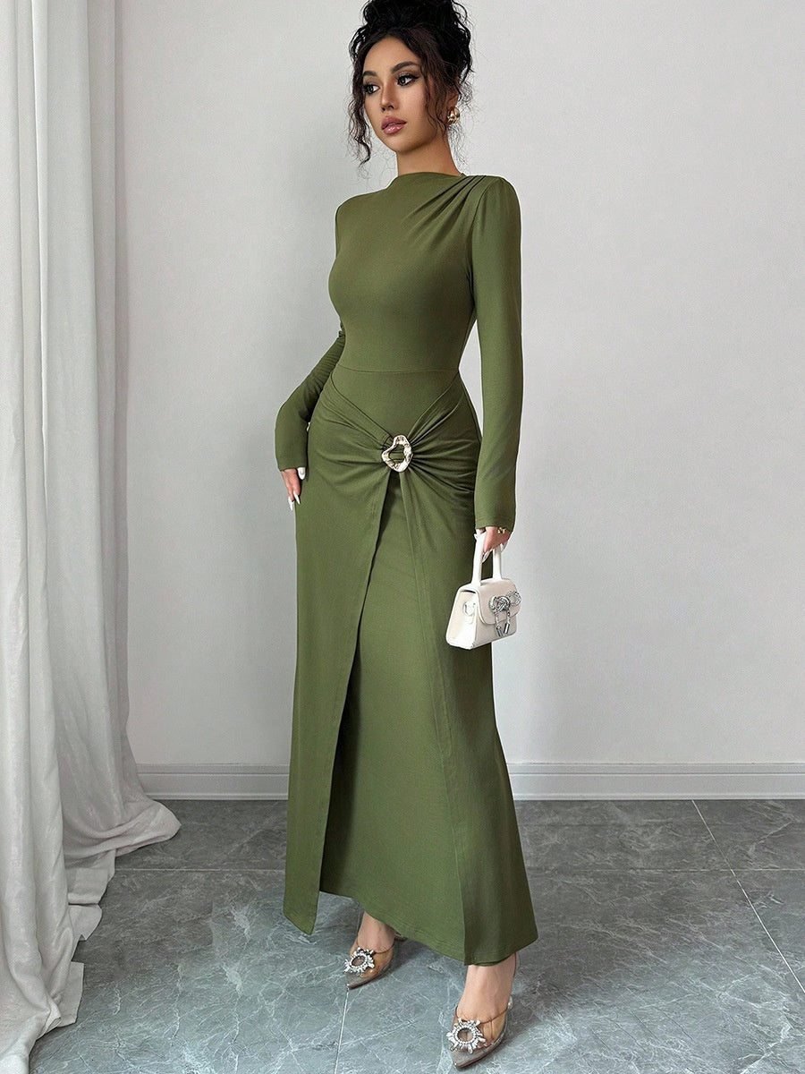 Green Metal Decoration Long Sleeve Hip Knitting Stretch Maxi Dresses