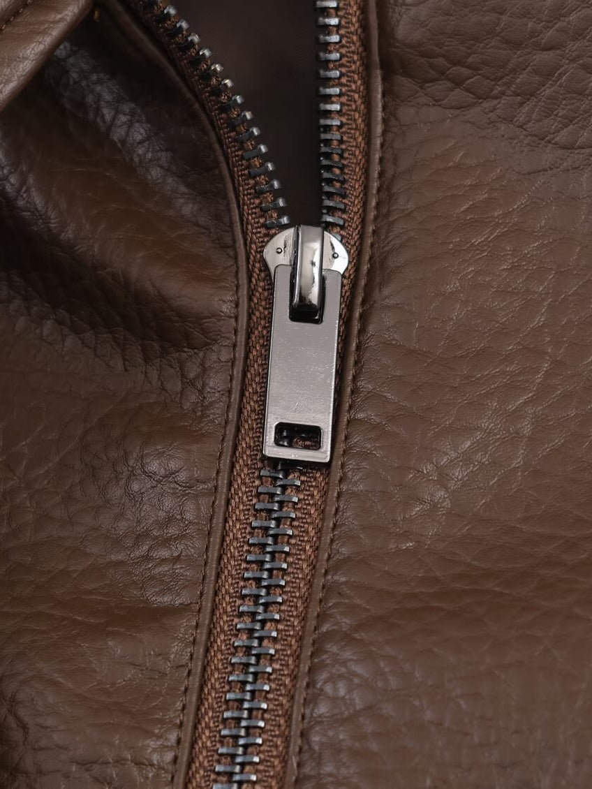 Pocket Stand-up Collar Faux Leather Jacket