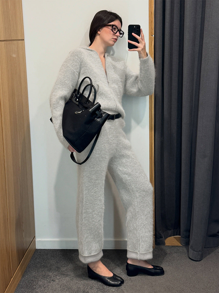 Faux Mink Fur Hooded Zip-up Cardigan Sweater With Double Pockets And Knitted Trousers Two-piece Set