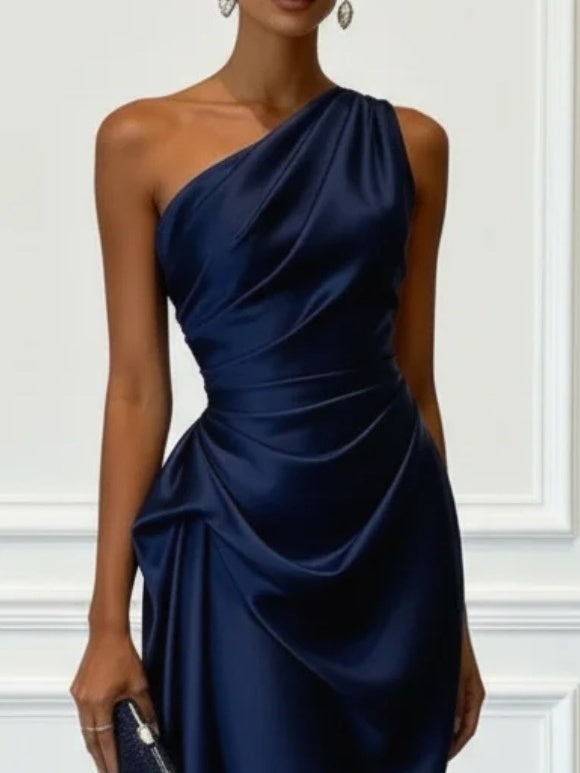 Off-the-shoulder Satin Pleated Maxi Dress