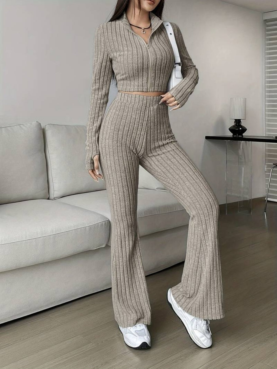 Leisure Long Sleeve Zipper Solid Color 2-piece Sets
