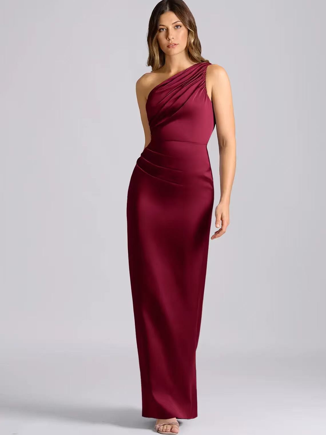 Asymmetrical Shoulder Pleated Satin Solid Color Maxi Dresses