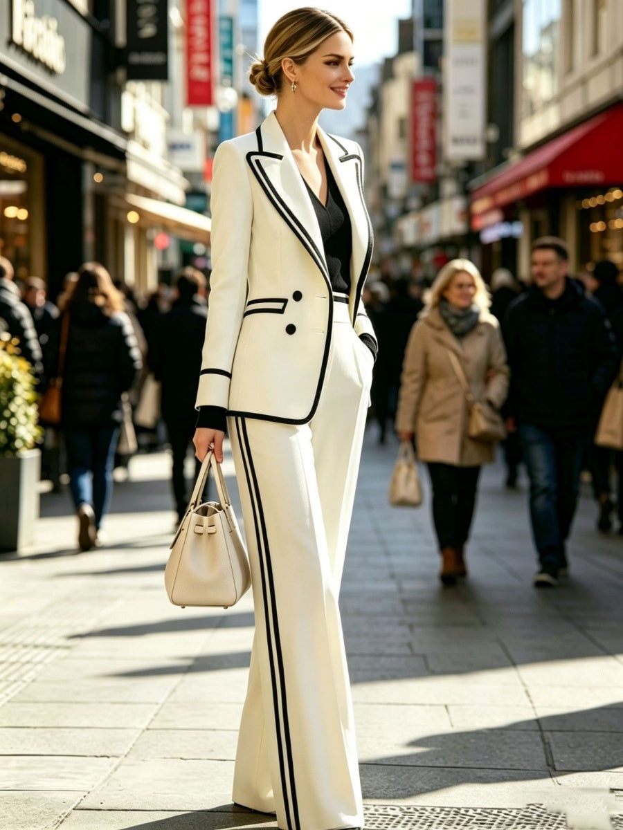 Two-piece Suit With Color Blocking, Long-sleeved Lapel, Double-breasted, Casual Style, And Trousers.