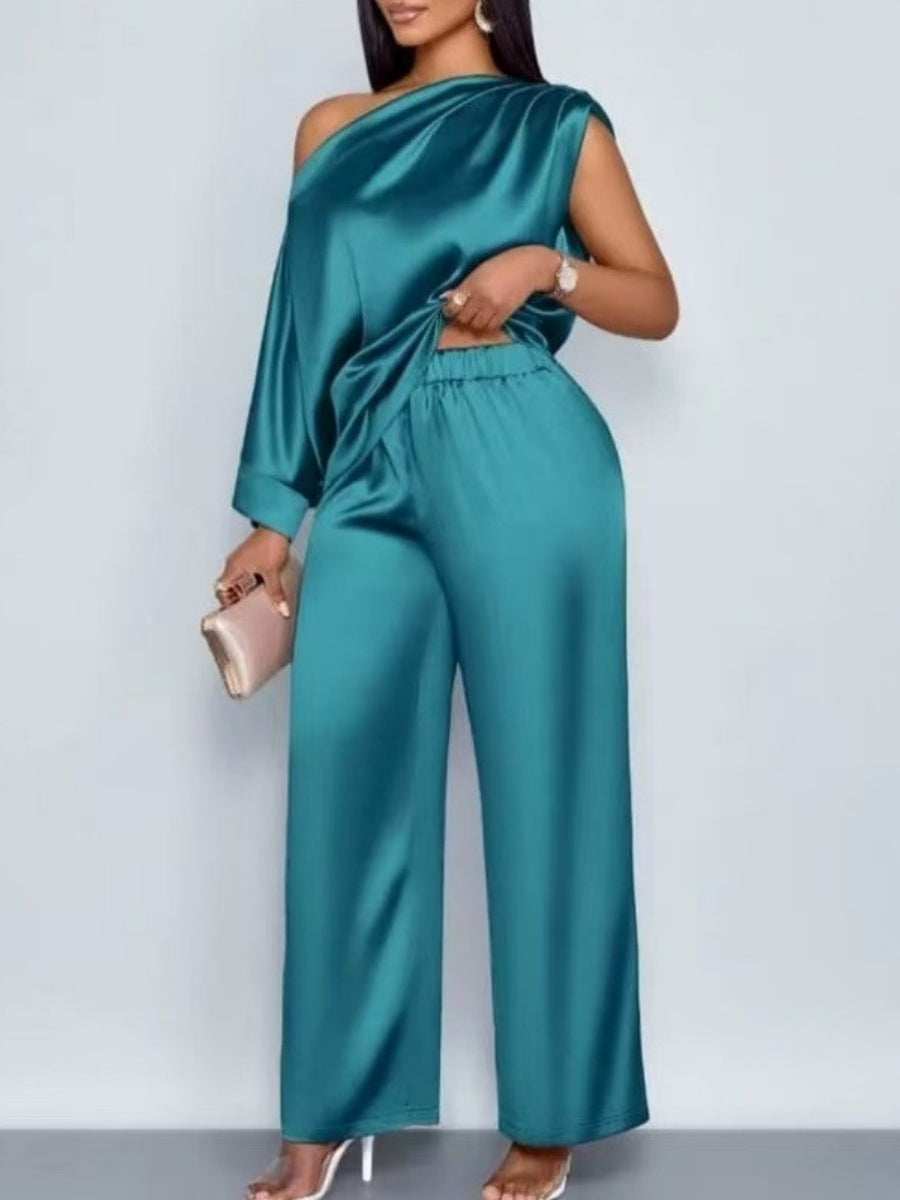 Satin Sloping Shoulders Short Sleeve TOP Wide-leg Pants 2-piece Sets