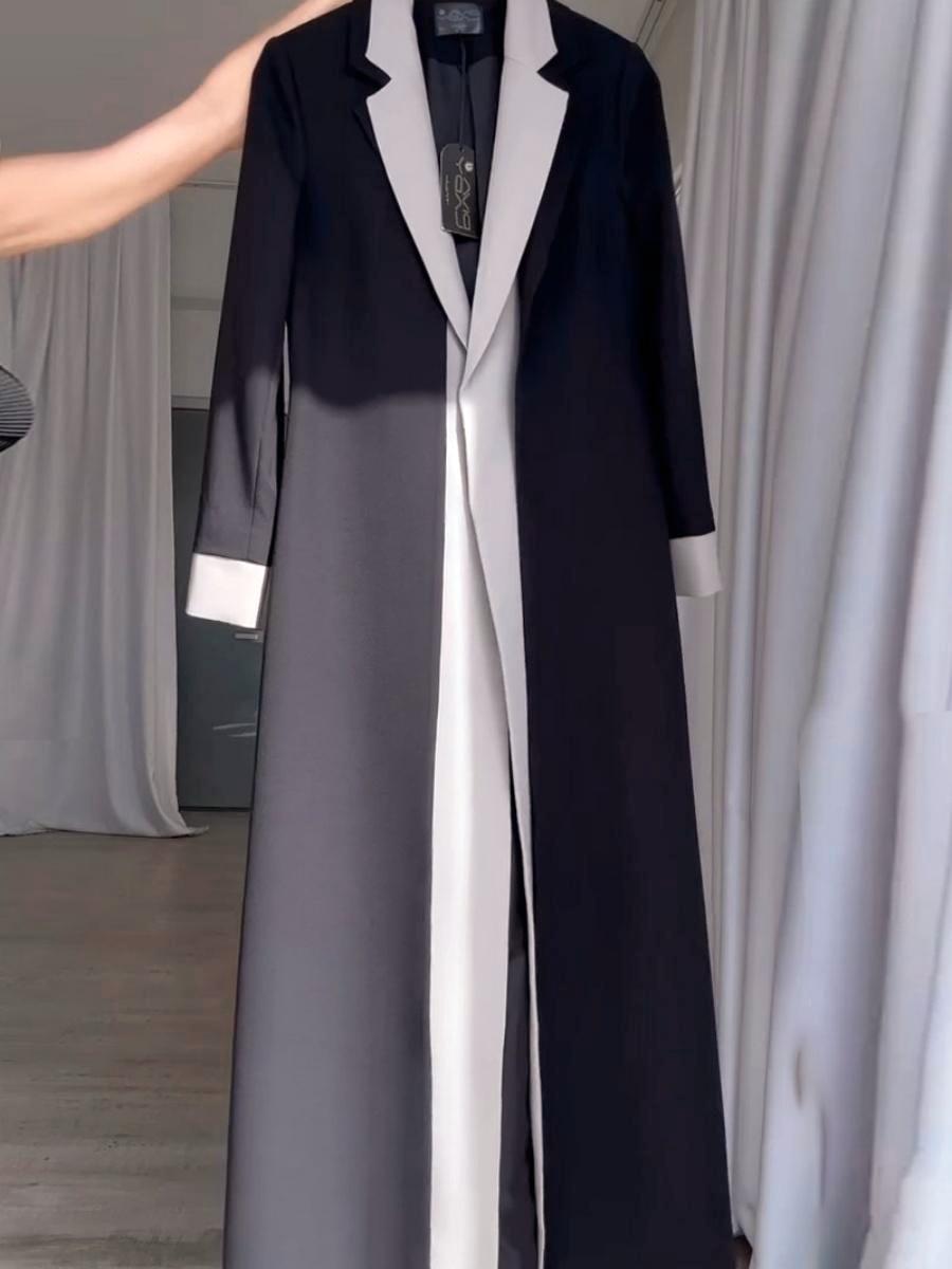 Black Long Suit Collar Splicing Contrasting Colors Commuting Trench Coats