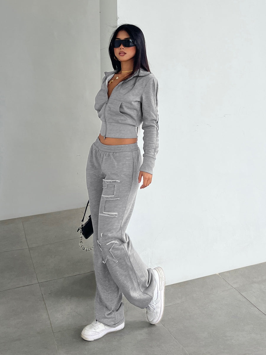 Grey Leisure Long Sleeve Crew Neck Patchwork Fabric Letter Sports 2-piece Sets