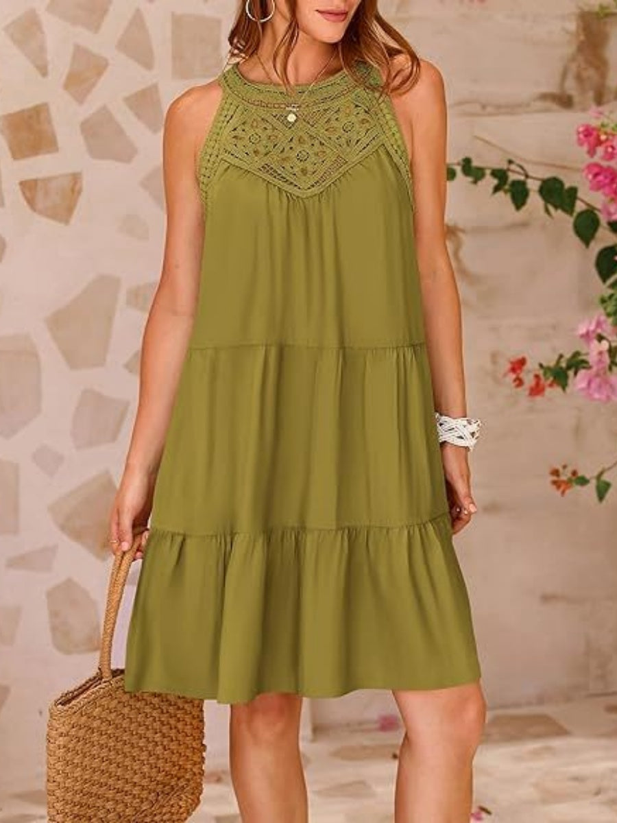 Loose-fit Trim Hollow Lace Halter Mini&Short Dresses