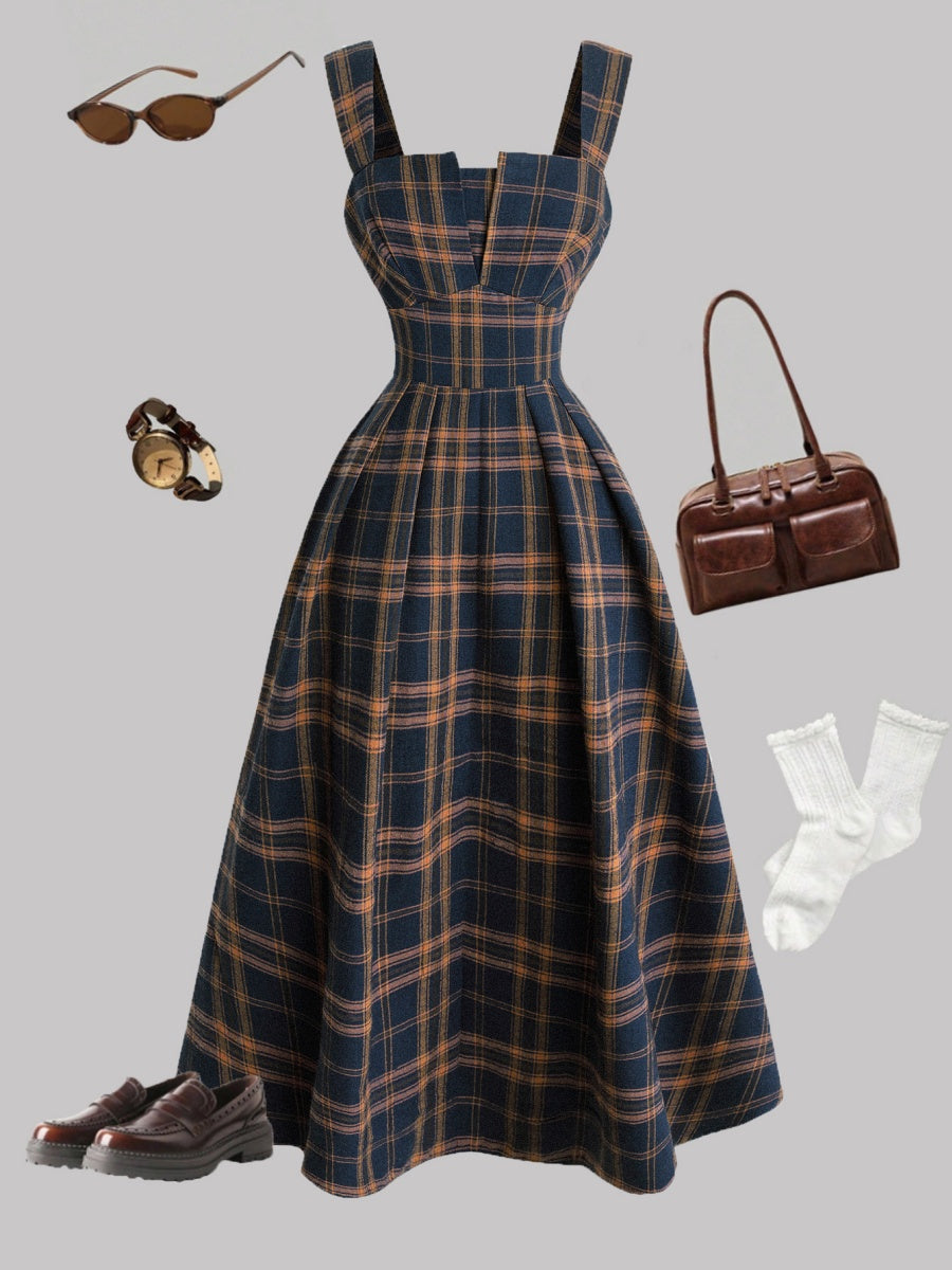 Plaid Camisoles Retro Waist Shaping Big Swing Midi Dresses