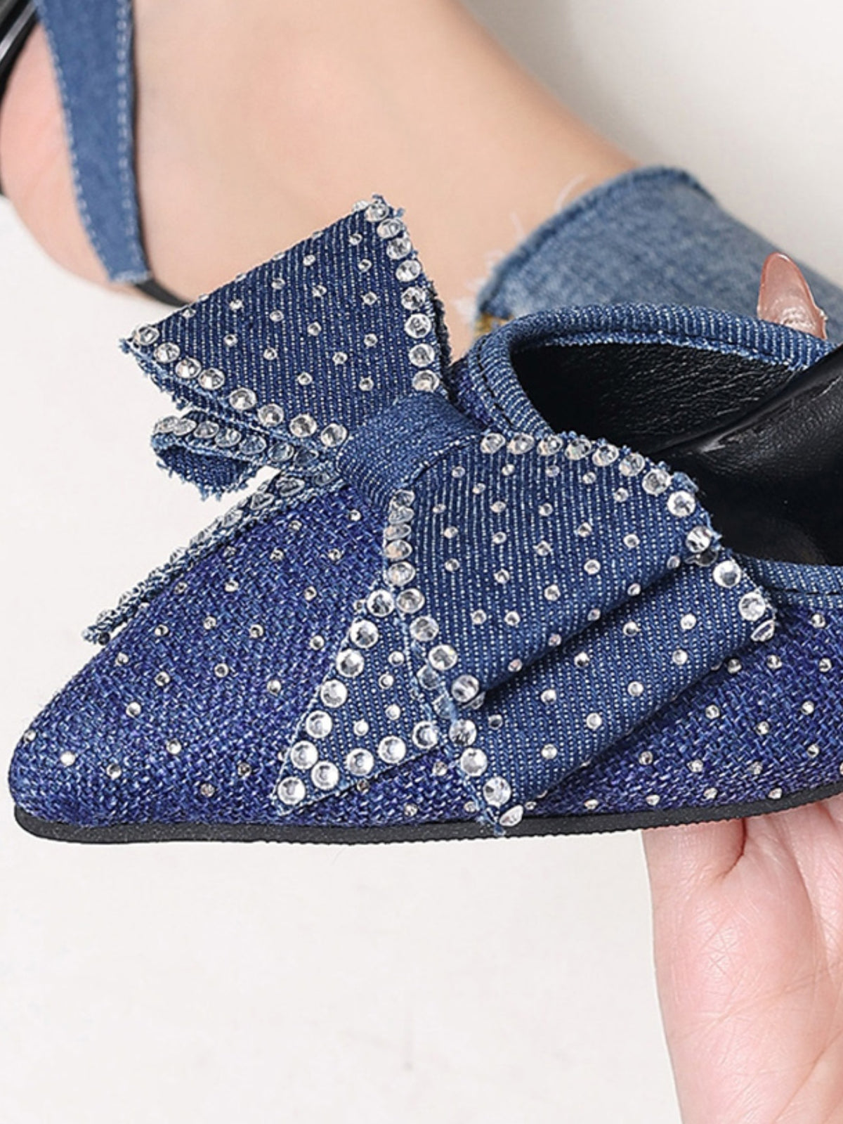 Rhinestone Pointed Bow Backless High Heels