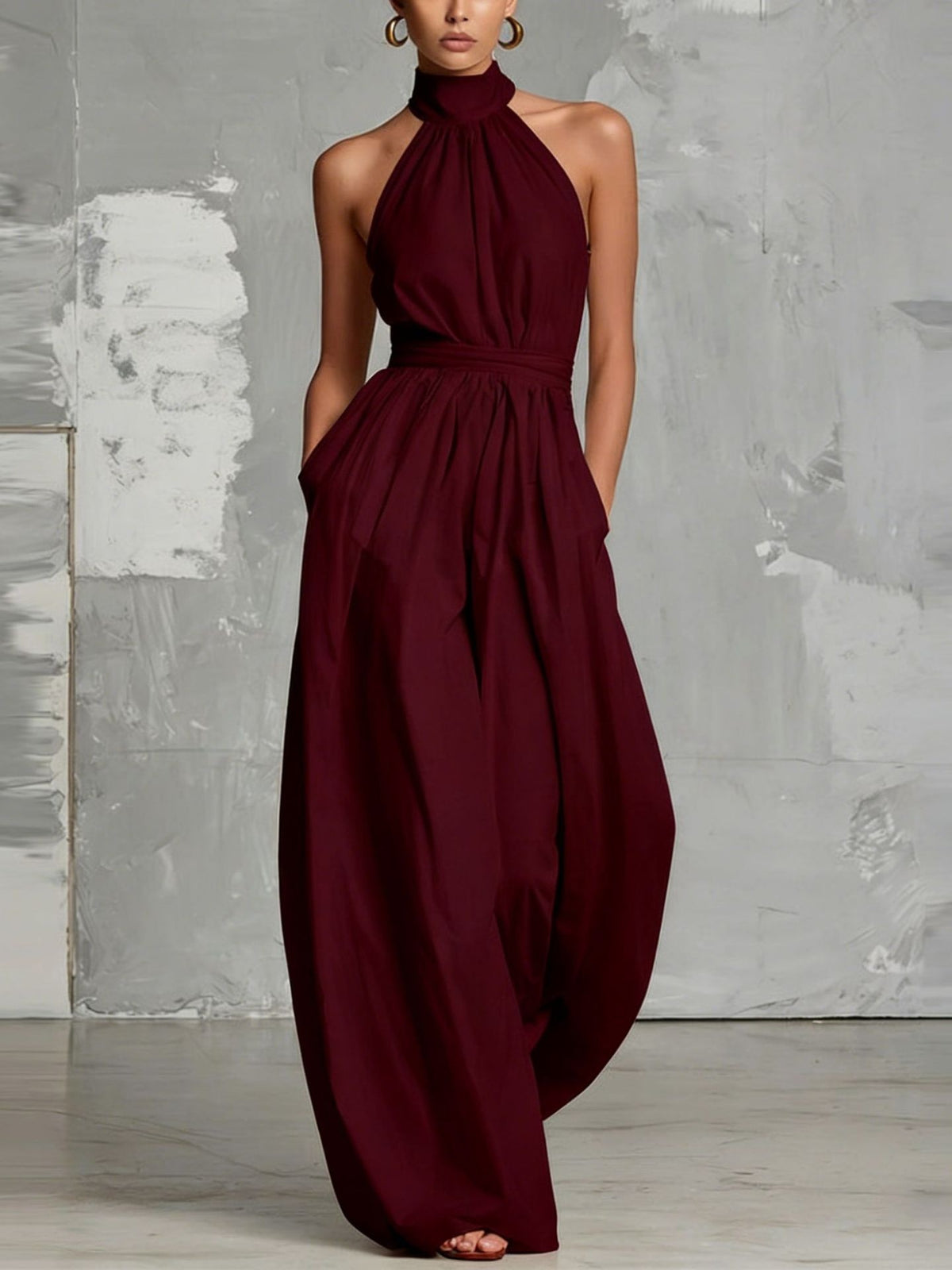 Waist-cinching Halter Neck Tie-up Pleated Jumpsuit