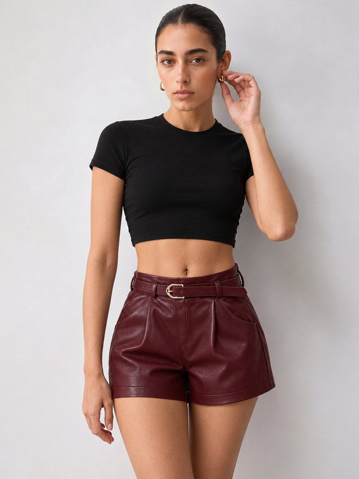 Stylish High-waisted Leather Shorts With Belt