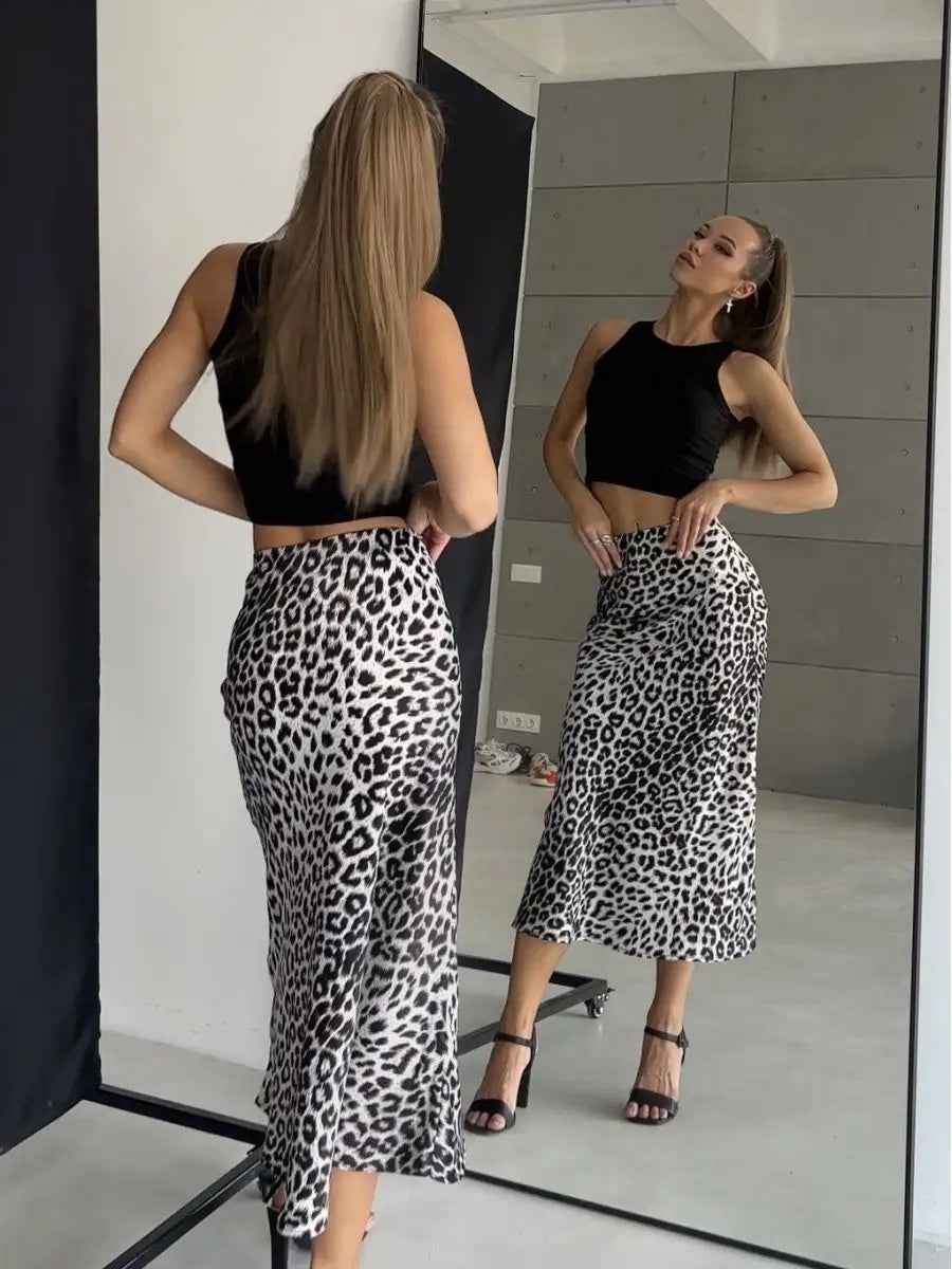 Satin Leopard Print High Waist Elasticity Silky Smooth Skirts