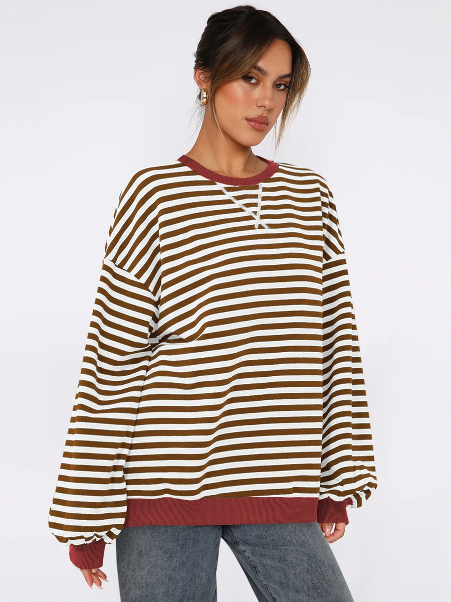 Women's Autumn/Winter Striped Color-Blocked Oversized Long-Sleeved Sweatshirt