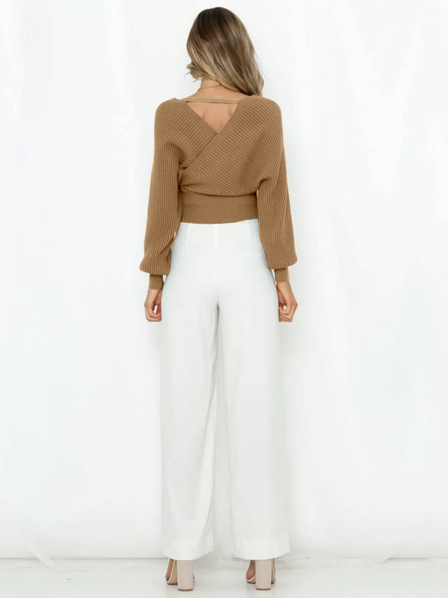 Liber Autumn women's clothing cross design Plain stitch V-neck solid color pullover long-sleeved sweater