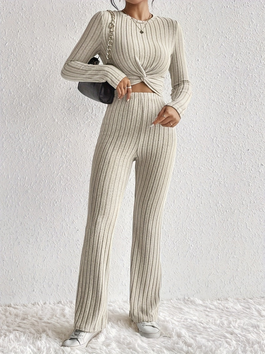 Small Round Neck Long Sleeves Tie Solid Color 2-piece Sets