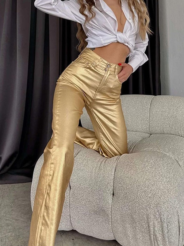 Pocketed, Loose-fitting, Wide-leg, Retro Straight-leg Style In Gold And Silver. Pants