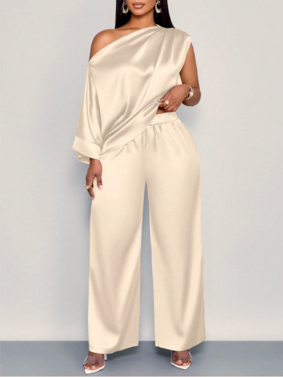 Satin Sloping Shoulders Short Sleeve TOP Wide-leg Pants 2-piece Sets