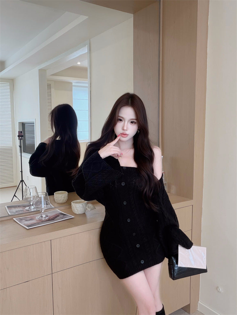 Knitted Elegant Fashion Set: Long-sleeved, Waist-cinching Sweater And Strapless Dress Two-Piece Set