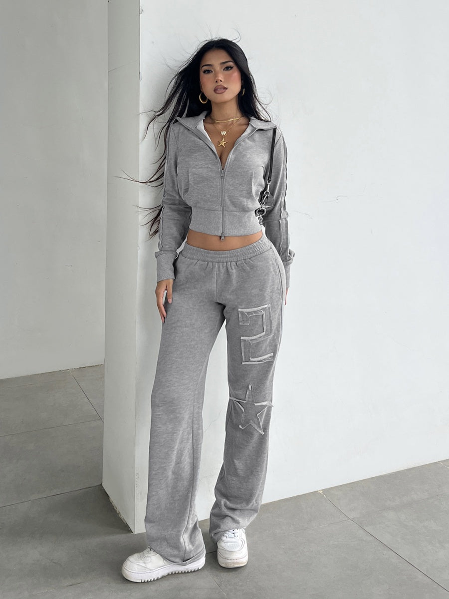 Grey Leisure Long Sleeve Crew Neck Patchwork Fabric Letter Sports 2-piece Sets