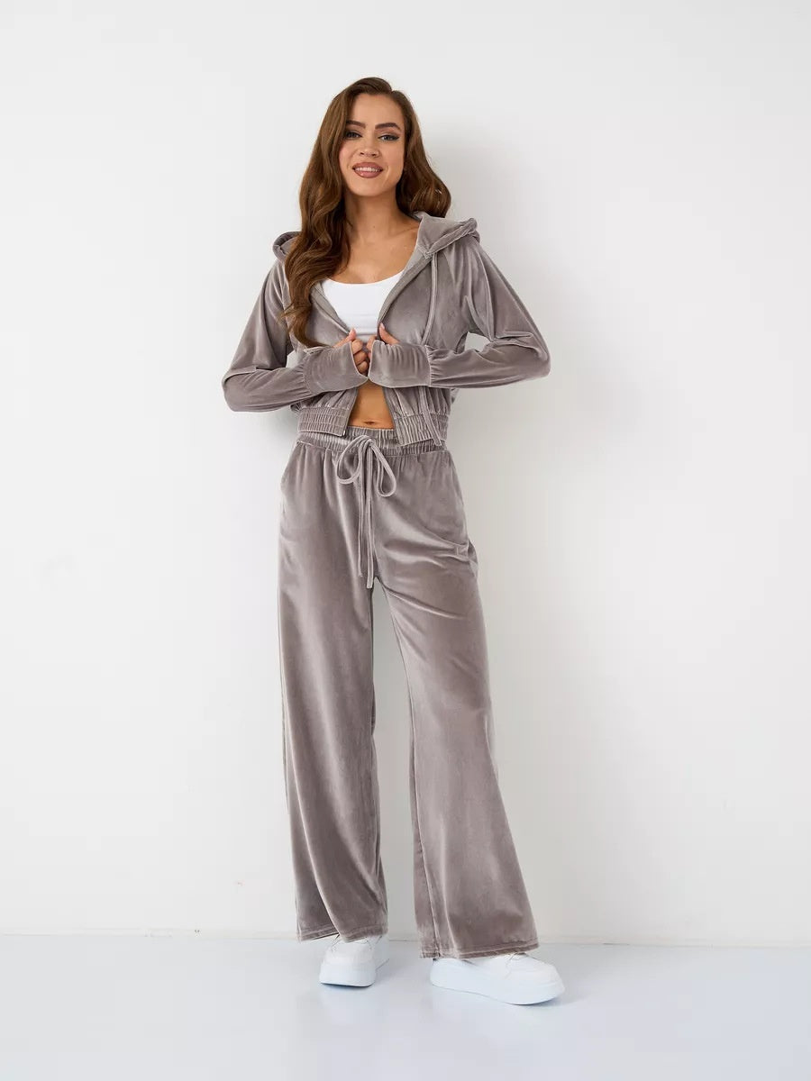 Velvet Zipper Cardigan, Silver Fox Fleece Sweatshirt, Lace-Up Pants 2-piece Sets