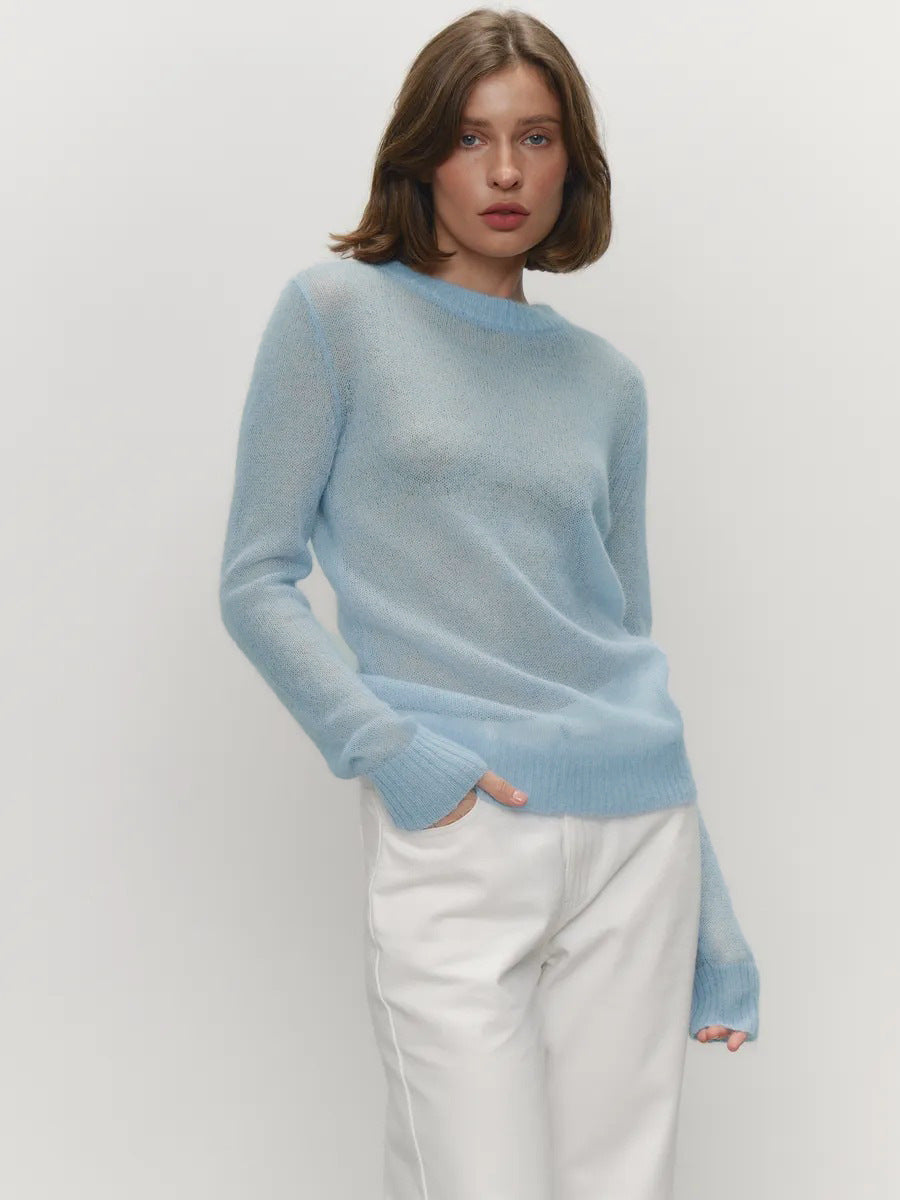 Mohair Crew Neck Pullover Sweater, Semi-sheer Base Layer Sweater