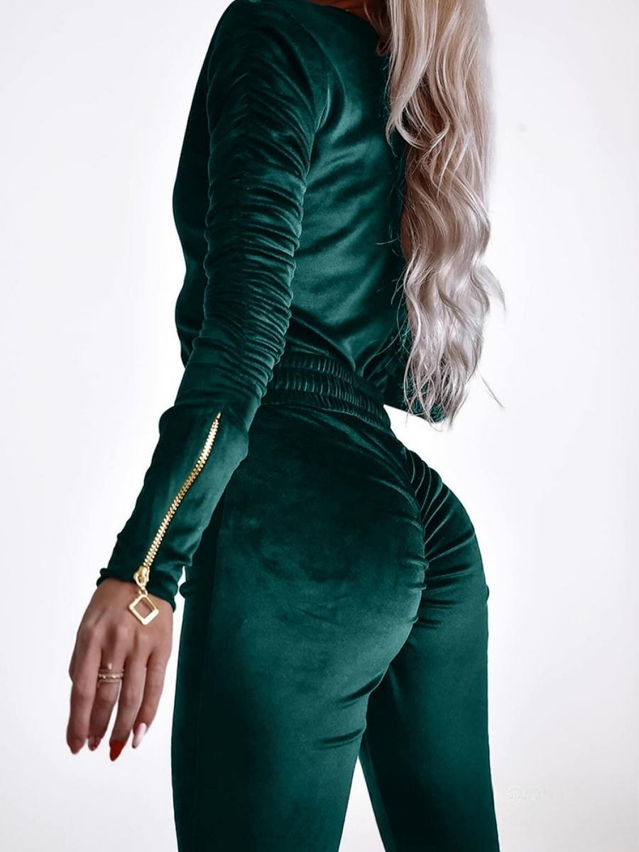 Velvet Zipper Metal Belt Jumpsuit