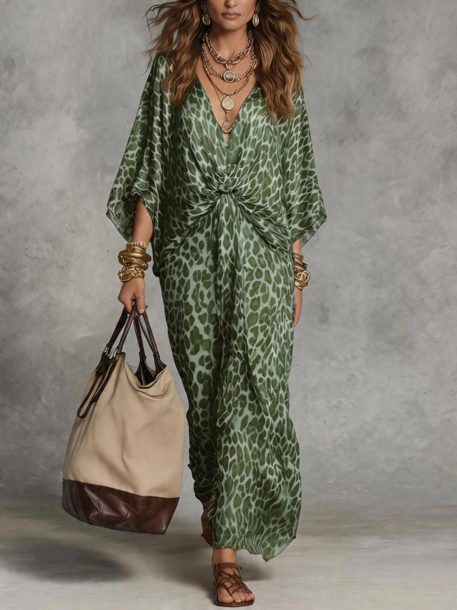 Leopard Print V-neck Fitted Waist Long Dress