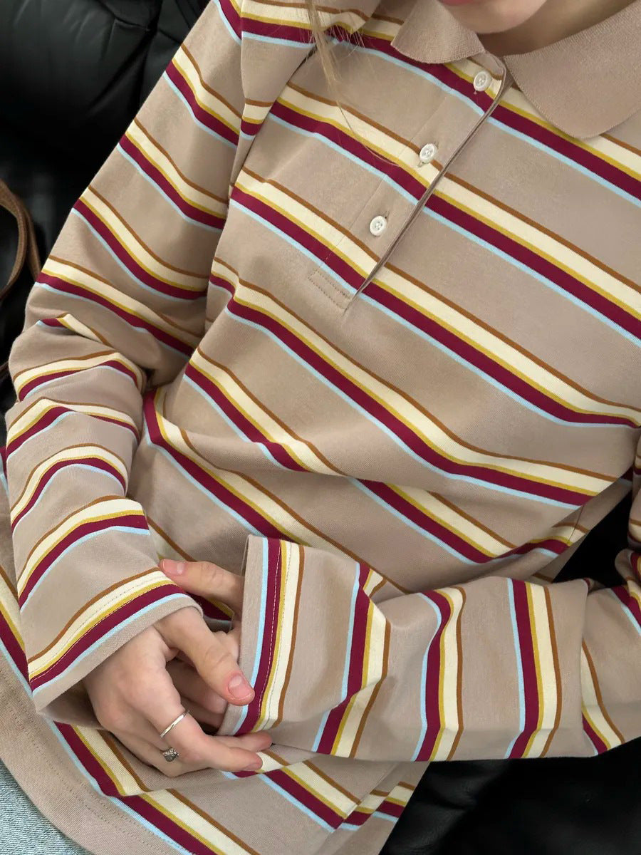 Long-sleeved Striped T-shirt, Polo Collar, Loose-fitting T-shirt