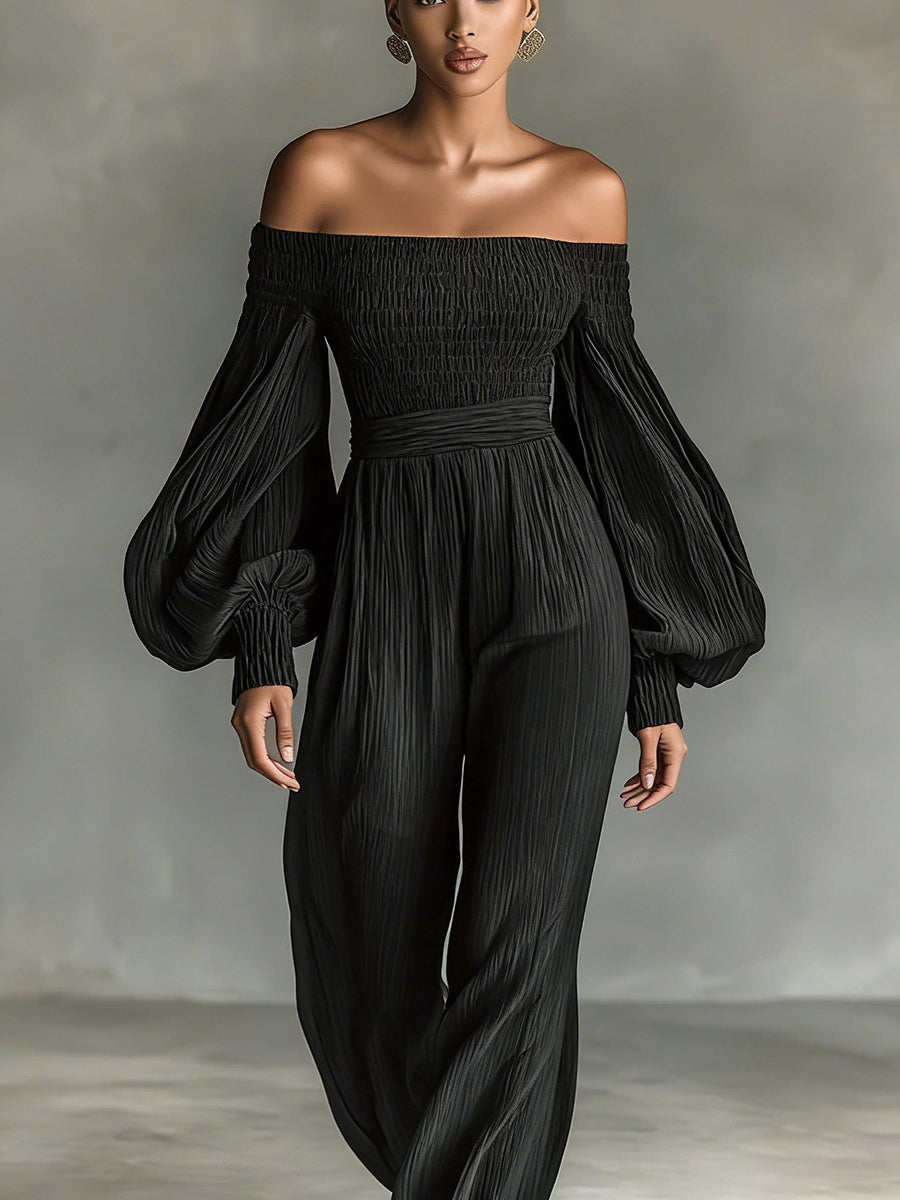 Off-shoulder Long-sleeved Pleated Fabric Jumpsuit In Solid Color