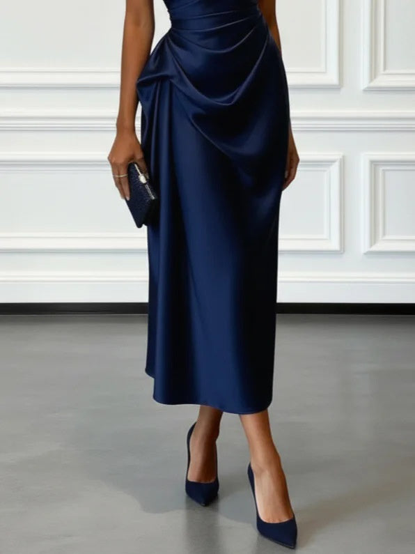 Off-the-shoulder Satin Pleated Maxi Dress