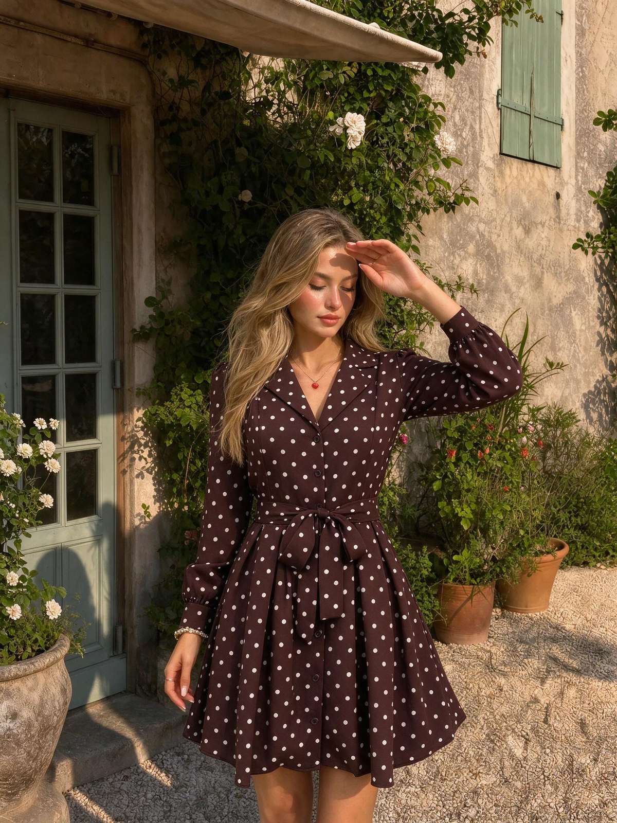 Lace-up Buttons Polka Dots Coats