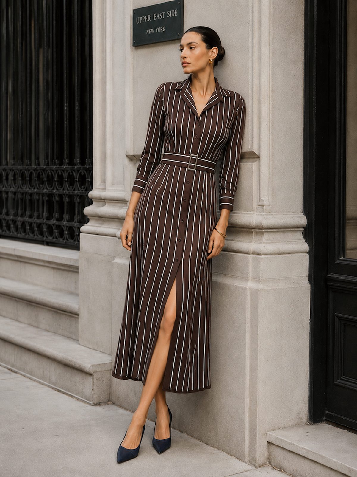 Stripe Belt Waist-cinching Slit Stripes Midi Dresses