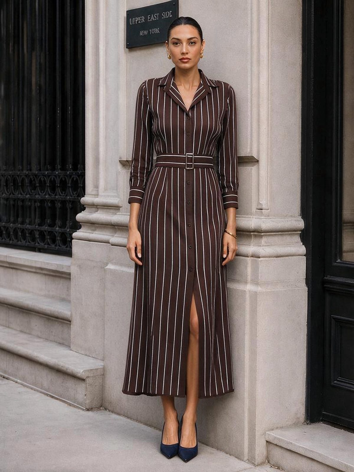 Stripe Belt Waist-cinching Slit Stripes Midi Dresses