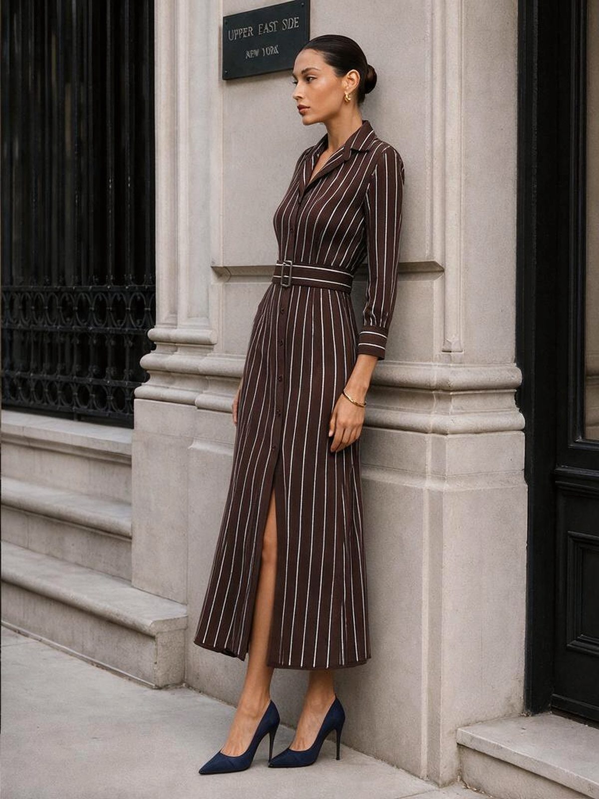 Stripe Belt Waist-cinching Slit Stripes Midi Dresses