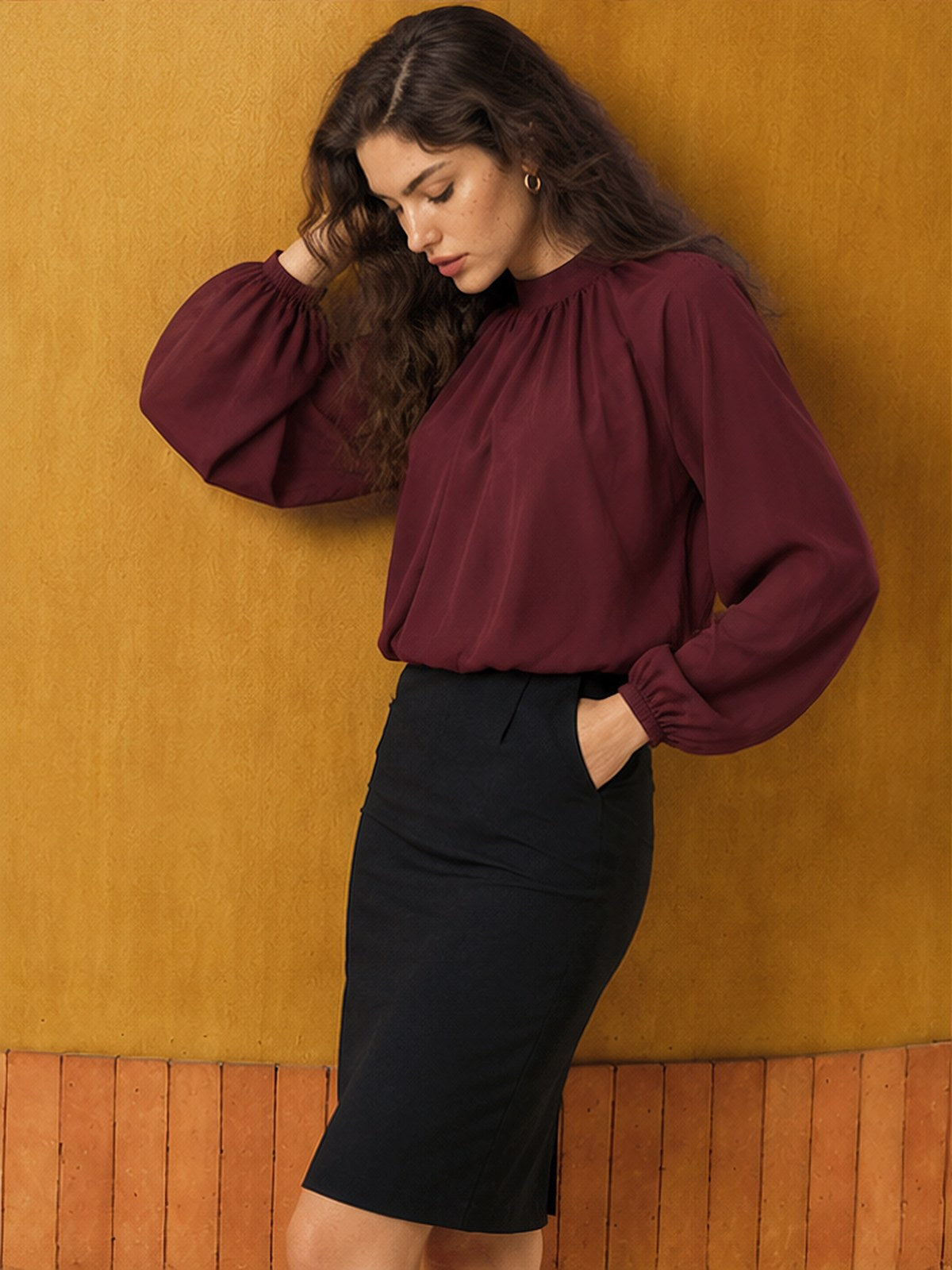 Lace-up Hollow Out Solid Color Blouse&Shirts