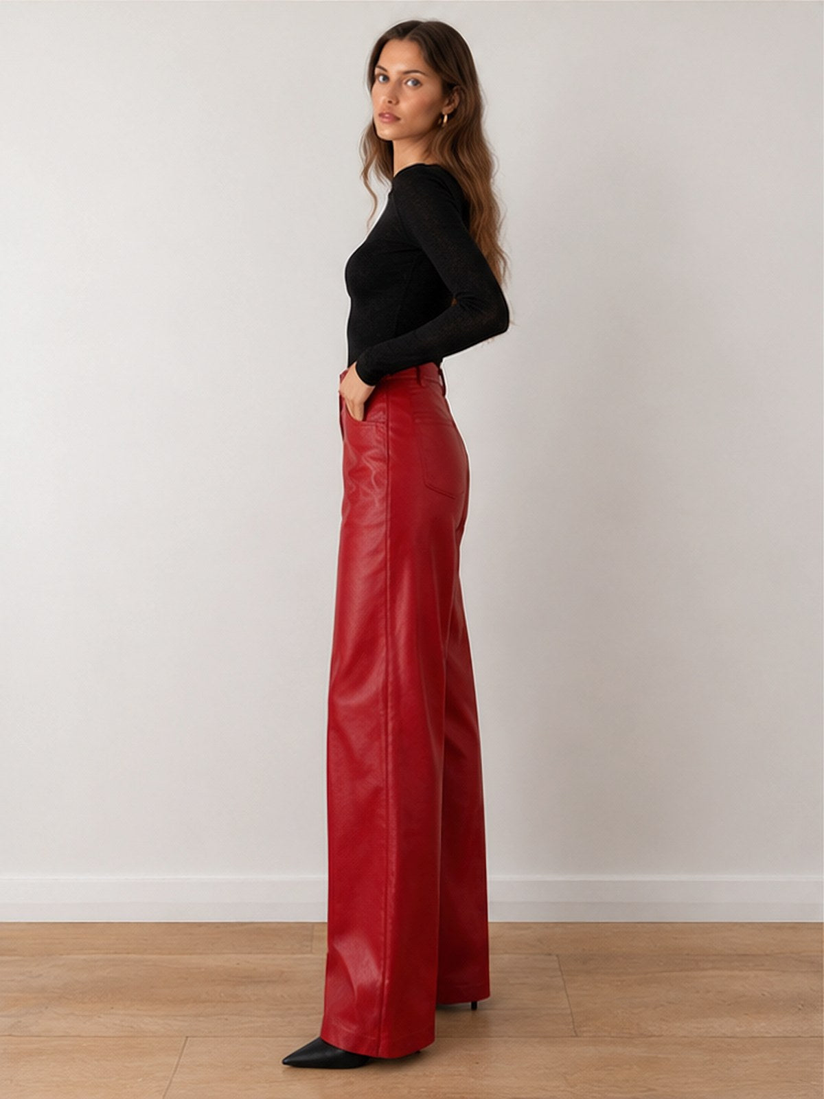 High-waisted Slim-fit Straight-leg PU Leather Pants