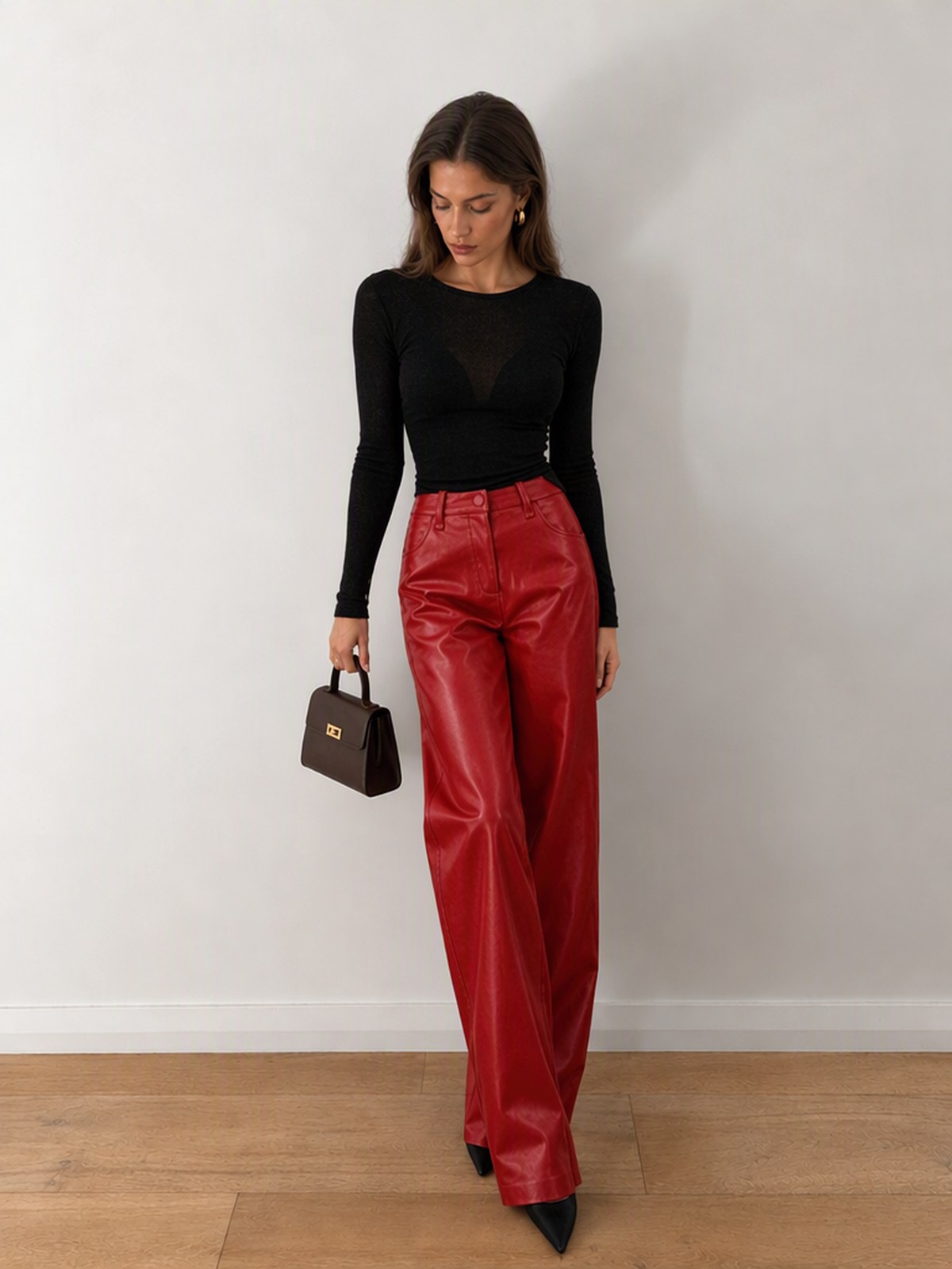 High-waisted Slim-fit Straight-leg PU Leather Pants