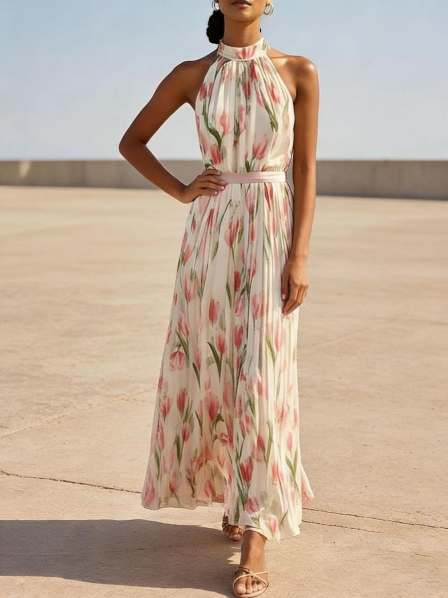 Elegant Maxi Dress With Halter Neck And Floral Print, European And American Vacation Style.