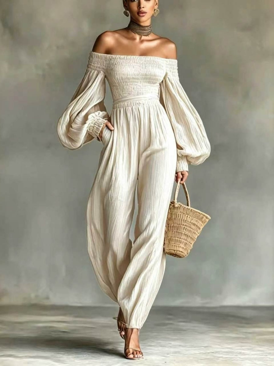 Off-shoulder Long-sleeved Pleated Fabric Jumpsuit In Solid Color