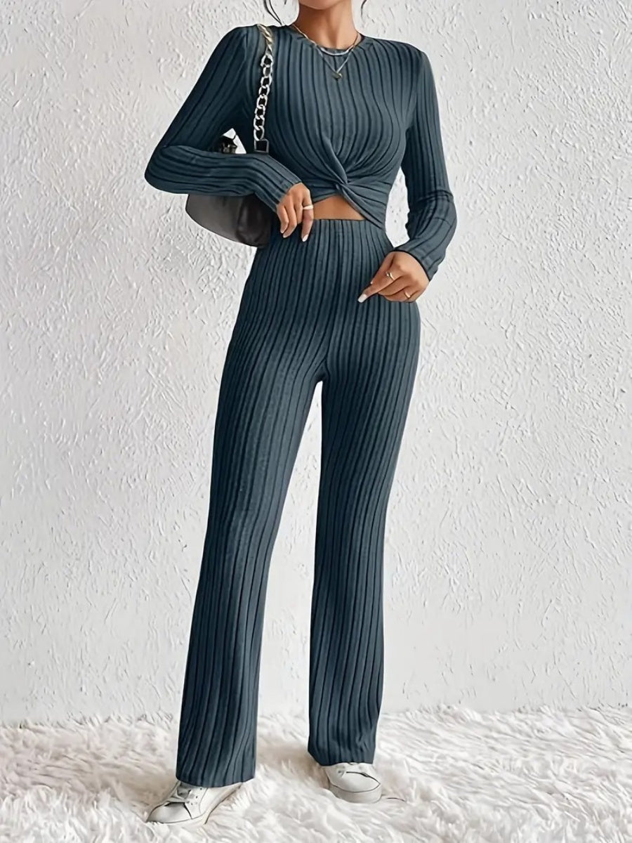 Small Round Neck Long Sleeves Tie Solid Color 2-piece Sets